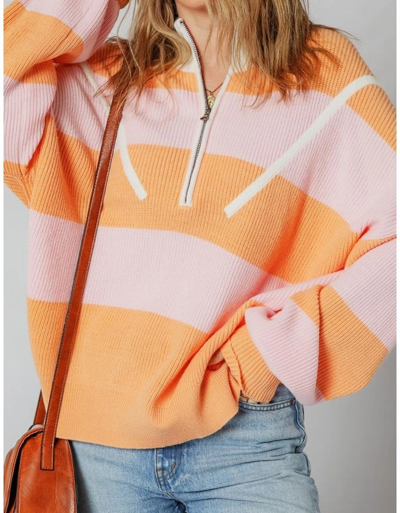 Orange Stripe Colorblock Half Zip Oversize Sweater