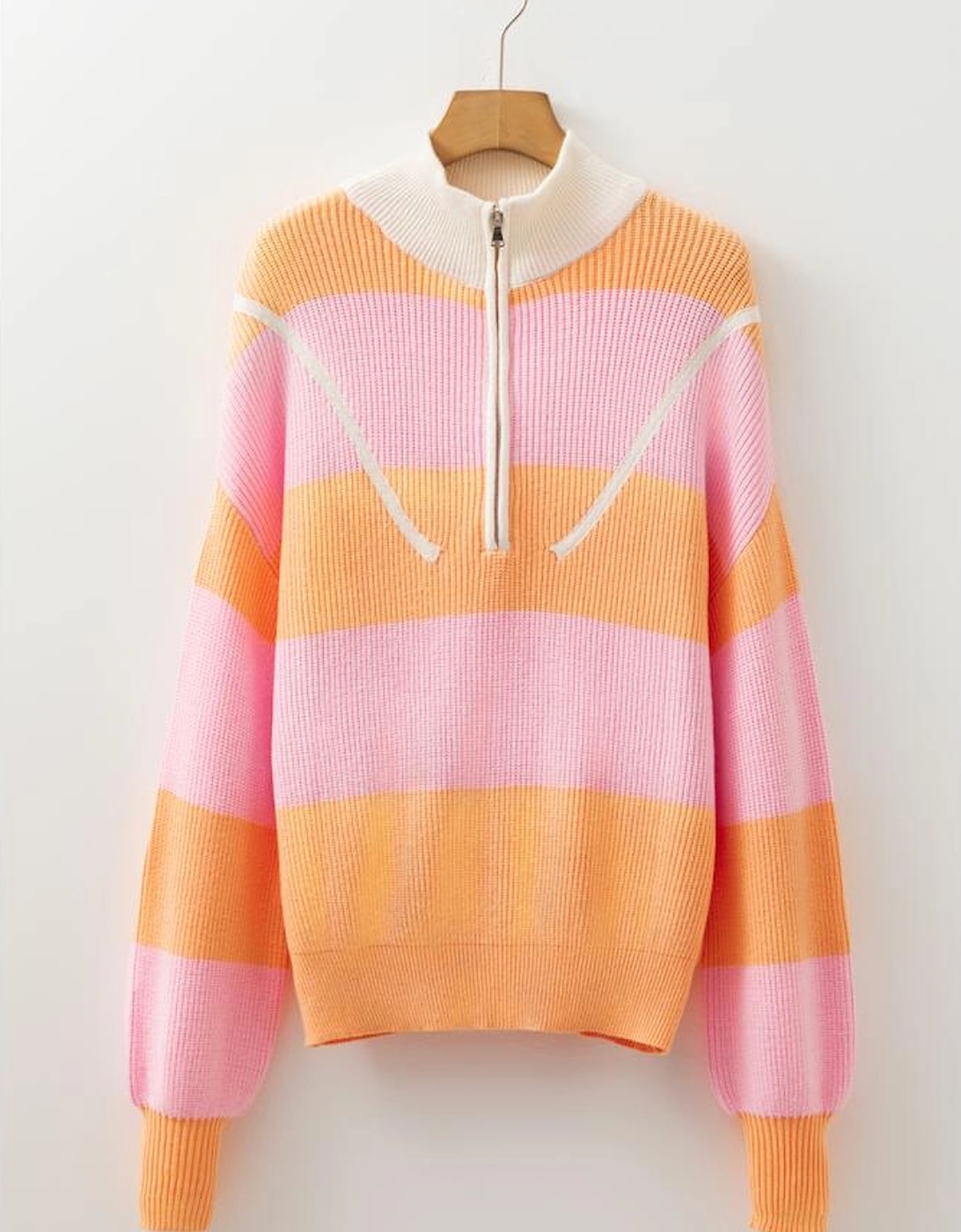 Orange Stripe Colorblock Half Zip Oversize Sweater