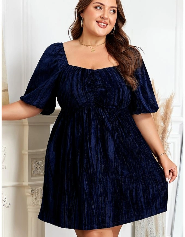 Navy Blue Velvet Ruched Bust Square Neck Short Puff Sleeve Plus Dress