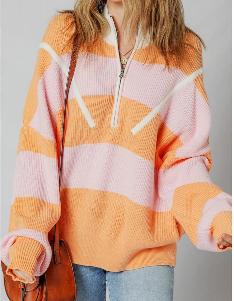 Orange Stripe Colorblock Half Zip Oversize Sweater