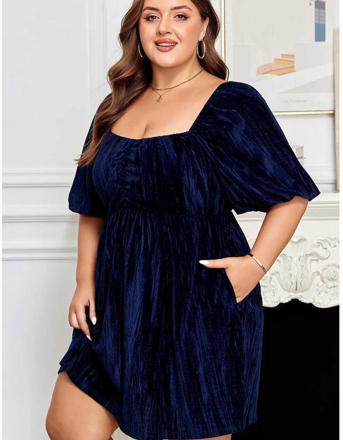 Navy Blue Velvet Ruched Bust Square Neck Short Puff Sleeve Plus Dress
