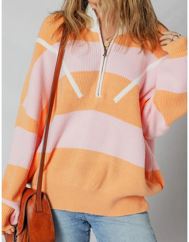 Orange Stripe Colorblock Half Zip Oversize Sweater