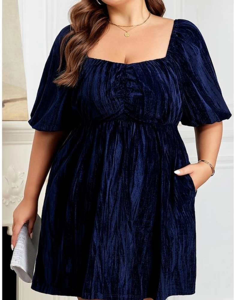 Navy Blue Velvet Ruched Bust Square Neck Short Puff Sleeve Plus Dress