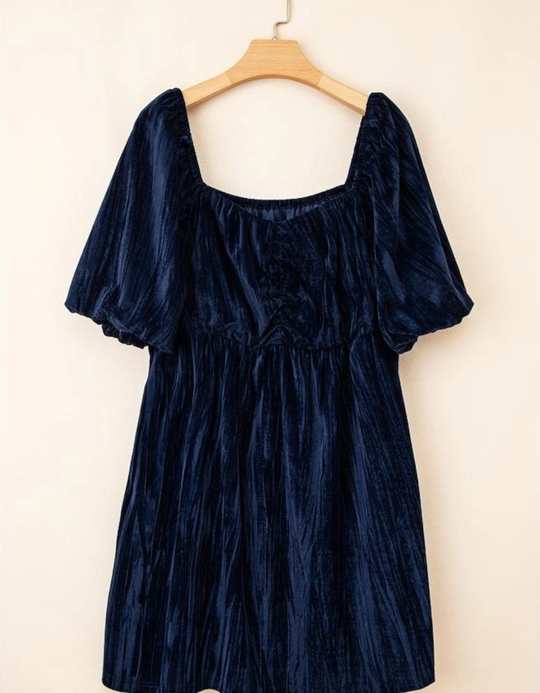 Navy Blue Velvet Ruched Bust Square Neck Short Puff Sleeve Plus Dress