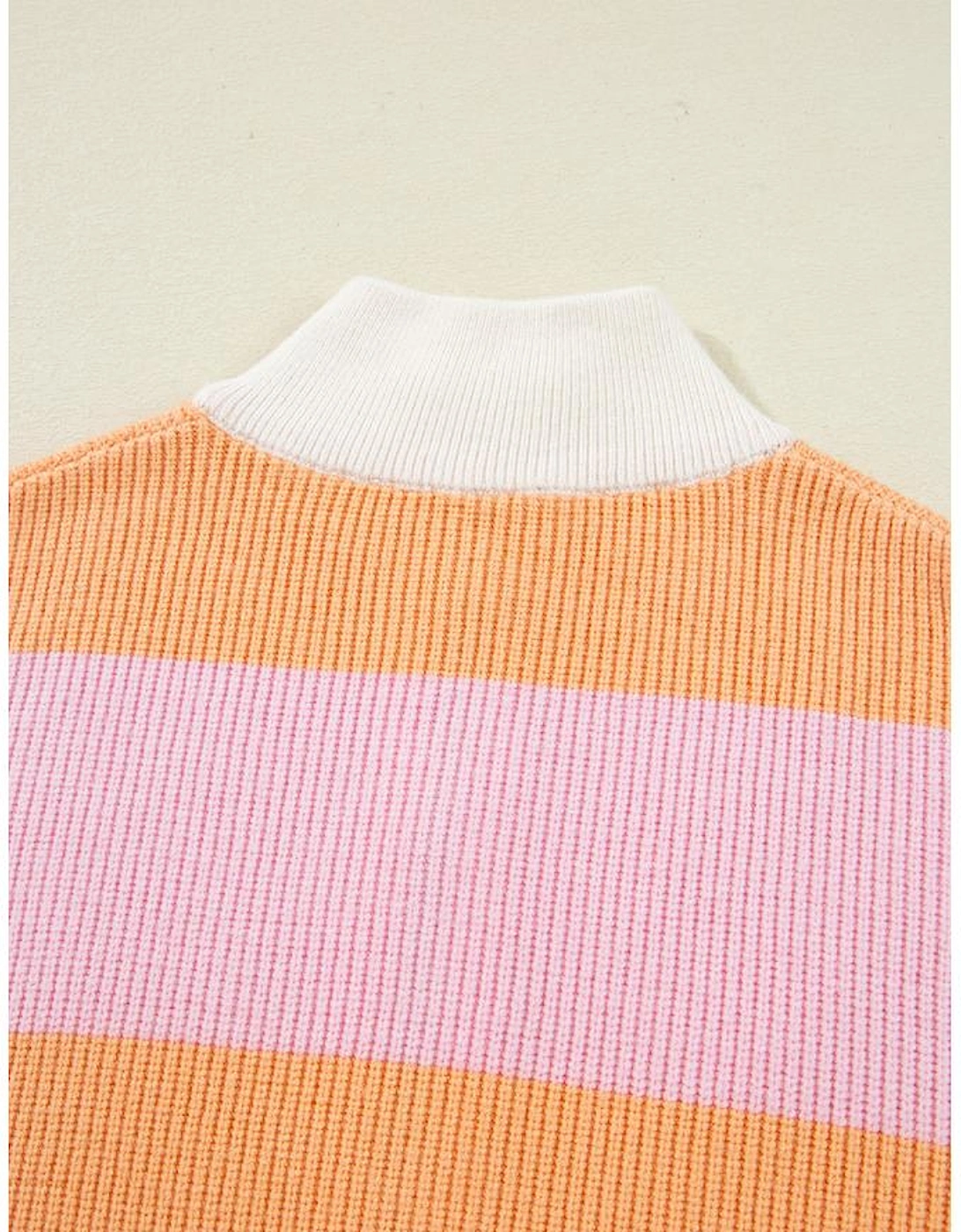 Orange Stripe Colorblock Half Zip Oversize Sweater