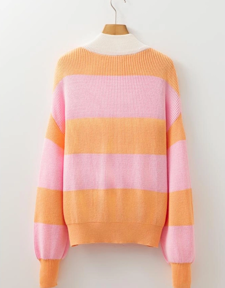 Orange Stripe Colorblock Half Zip Oversize Sweater