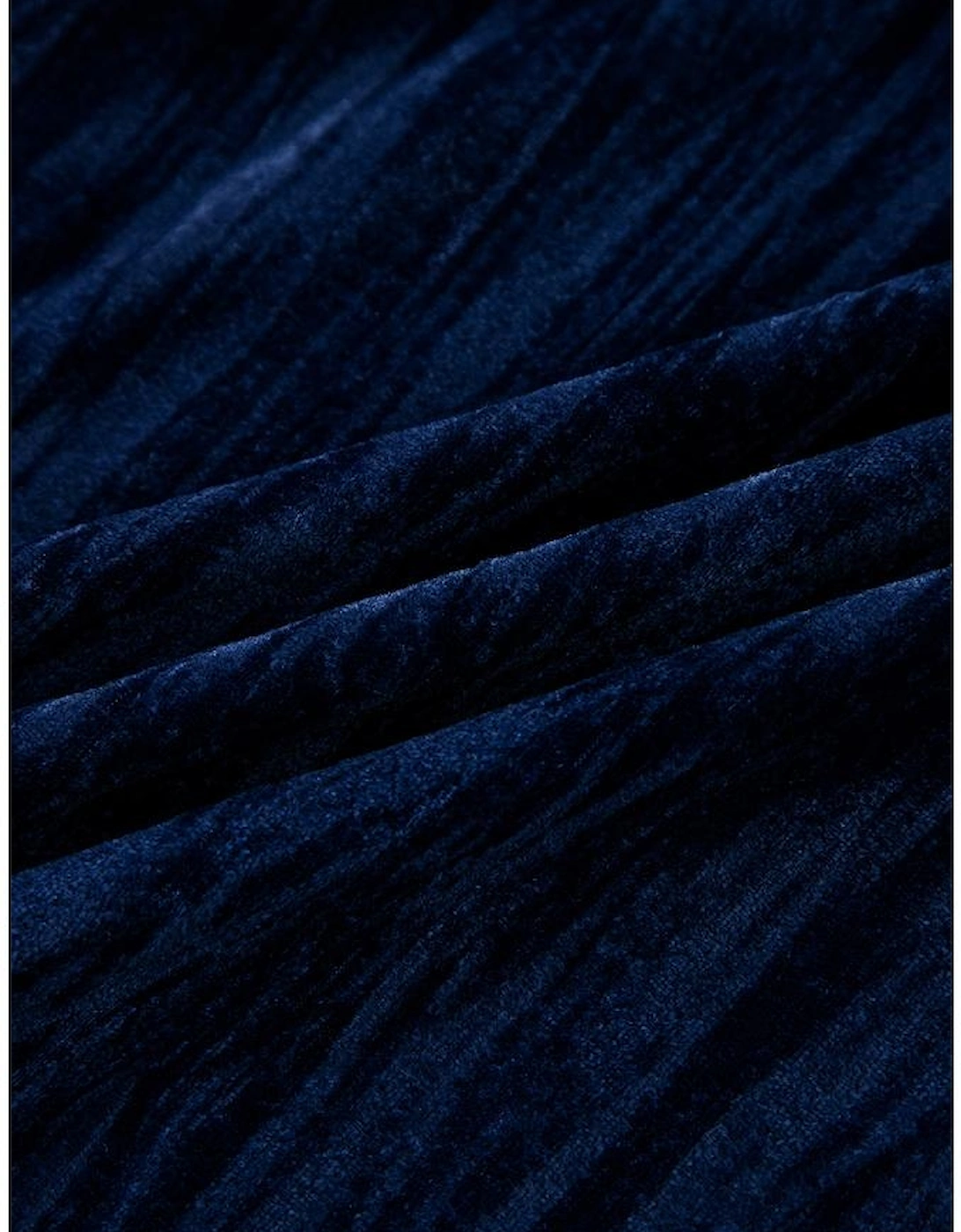 Navy Blue Velvet Ruched Bust Square Neck Short Puff Sleeve Plus Dress