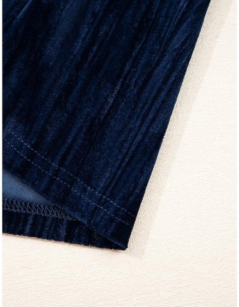 Navy Blue Velvet Ruched Bust Square Neck Short Puff Sleeve Plus Dress