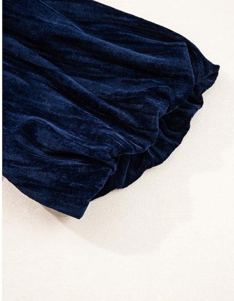 Navy Blue Velvet Ruched Bust Square Neck Short Puff Sleeve Plus Dress