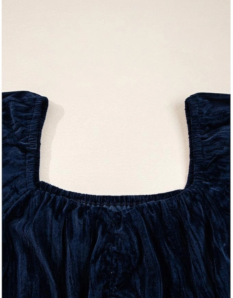 Navy Blue Velvet Ruched Bust Square Neck Short Puff Sleeve Plus Dress