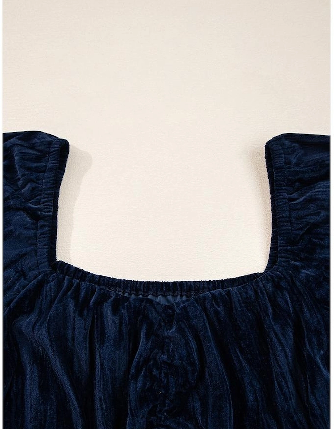 Navy Blue Velvet Ruched Bust Square Neck Short Puff Sleeve Plus Dress