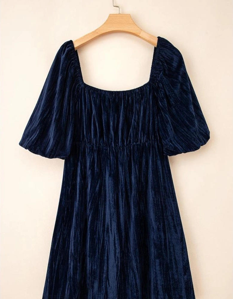Navy Blue Velvet Ruched Bust Square Neck Short Puff Sleeve Plus Dress