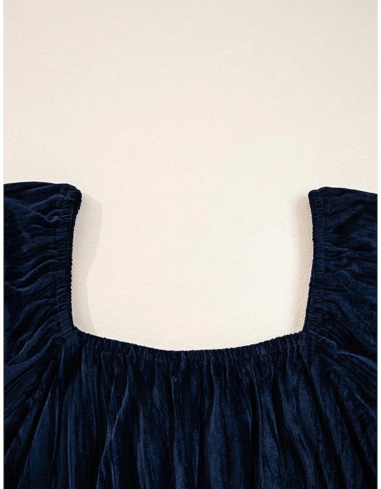 Navy Blue Velvet Ruched Bust Square Neck Short Puff Sleeve Plus Dress