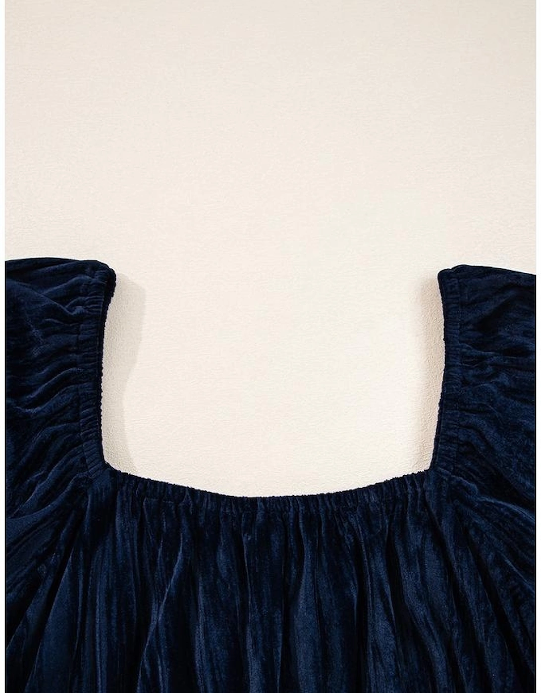 Navy Blue Velvet Ruched Bust Square Neck Short Puff Sleeve Plus Dress
