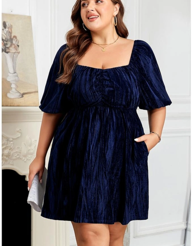Navy Blue Velvet Ruched Bust Square Neck Short Puff Sleeve Plus Dress