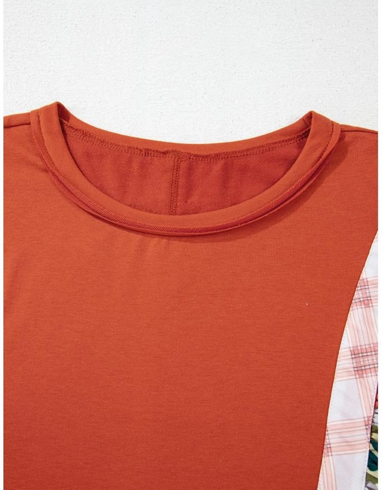 Desert Gold Floral Puff Sleeve Patchwork Round Neck Blouse