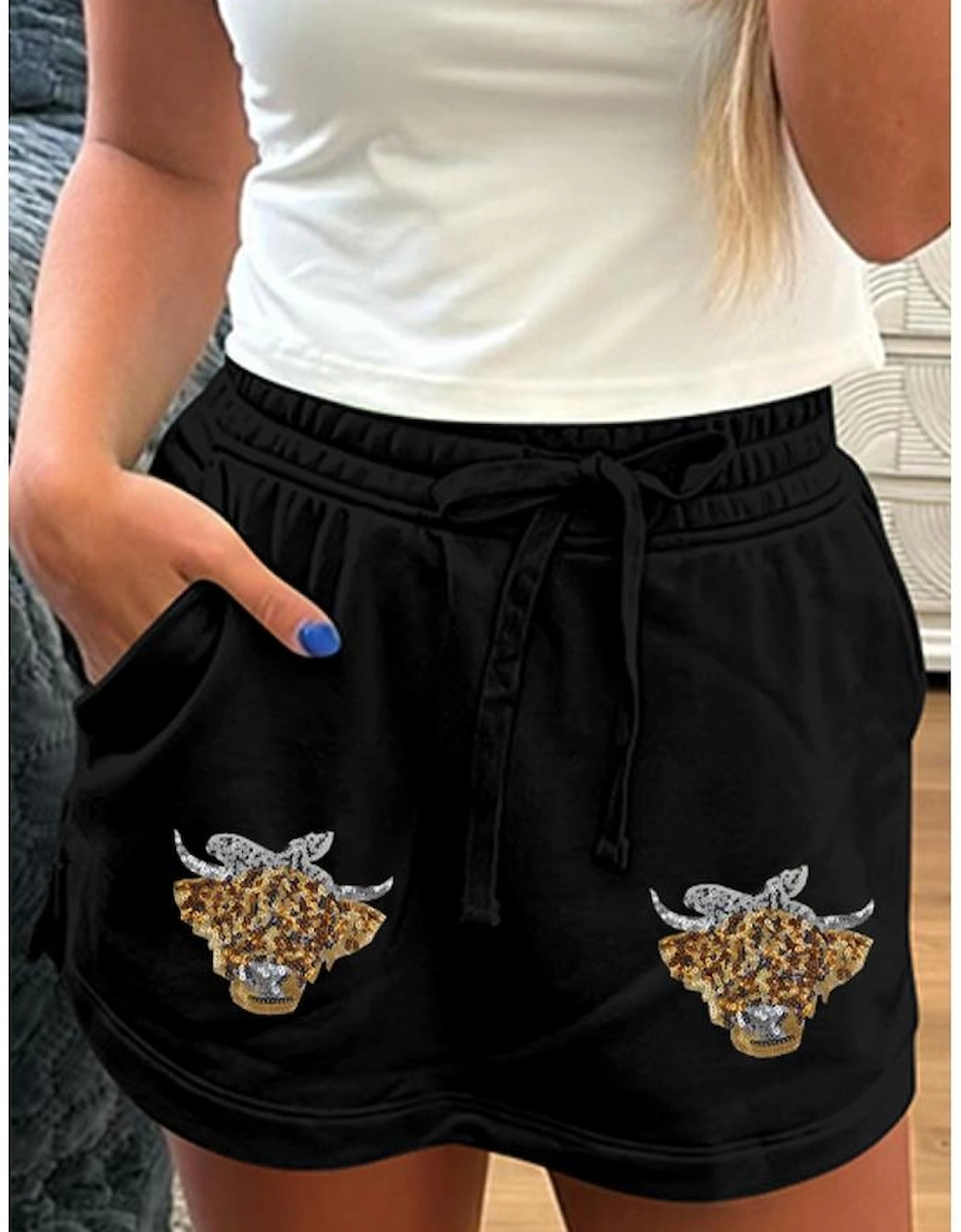Black Sequin Heifer Patched French Terry Drawstring Skort