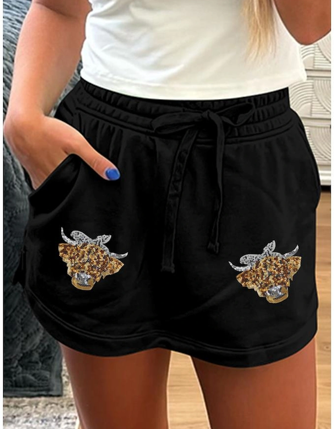 Black Sequin Heifer Patched French Terry Drawstring Skort