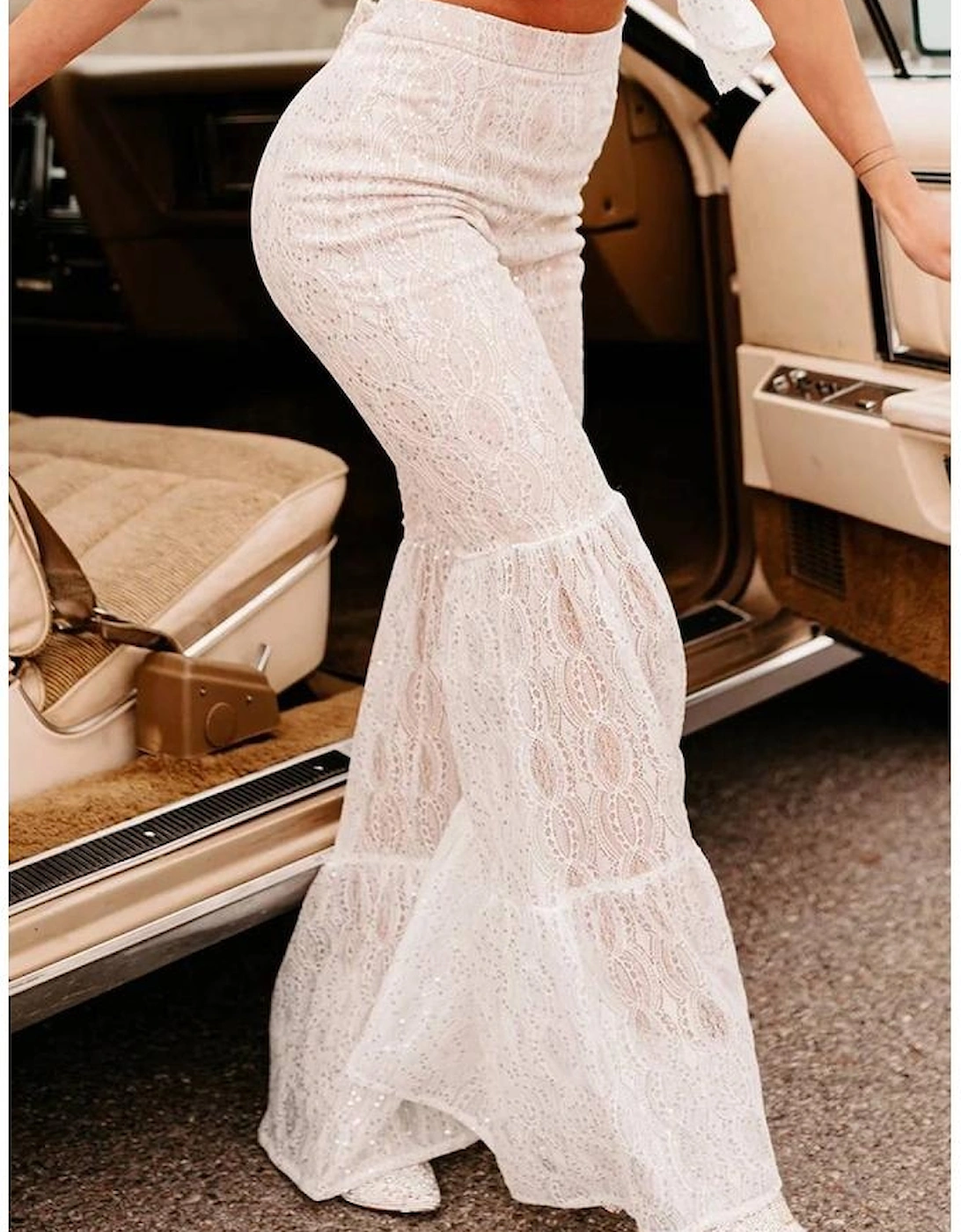 Azura Exchange Lace Tiered Flare Pants with Sequin Embellishments