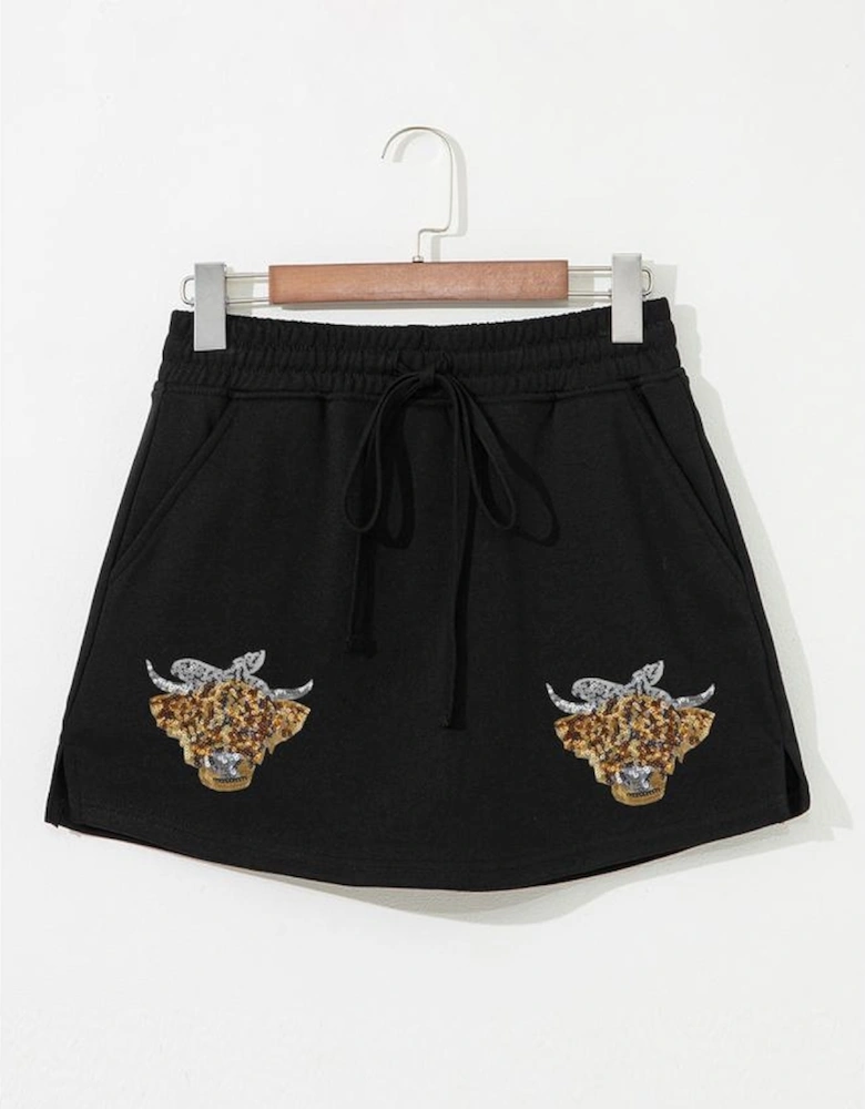 Black Sequin Heifer Patched French Terry Drawstring Skort