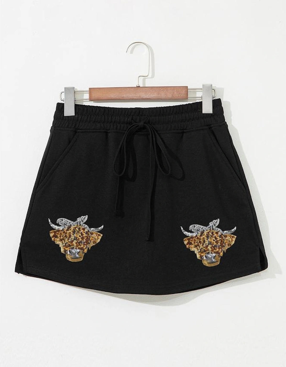 Black Sequin Heifer Patched French Terry Drawstring Skort
