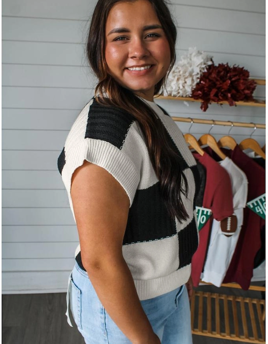 Black Checkered Color Block Crew Neck Short Sleeve Sweater