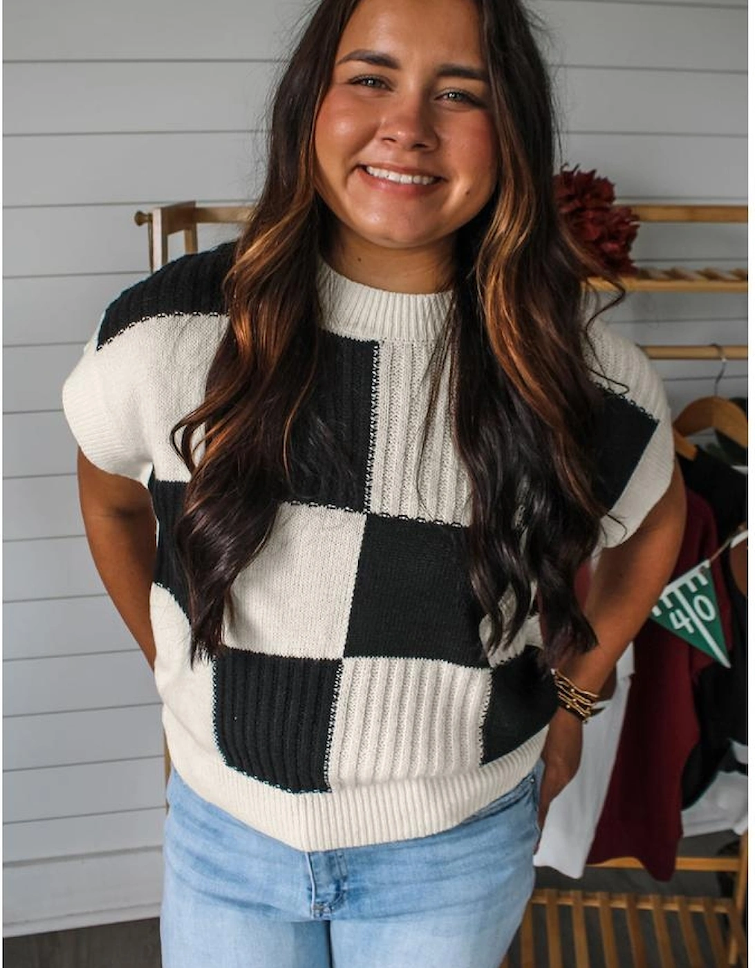 Black Checkered Color Block Crew Neck Short Sleeve Sweater