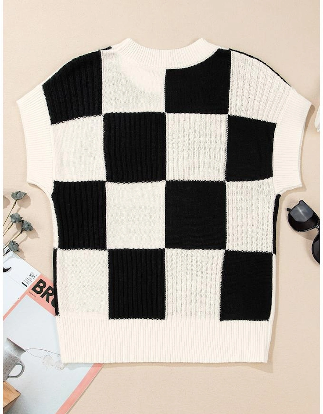 Black Checkered Color Block Crew Neck Short Sleeve Sweater, 12 of 11