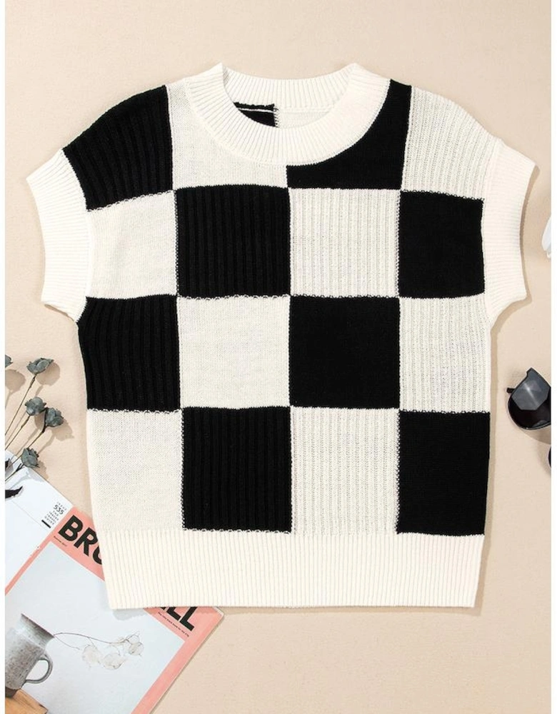 Black Checkered Color Block Crew Neck Short Sleeve Sweater