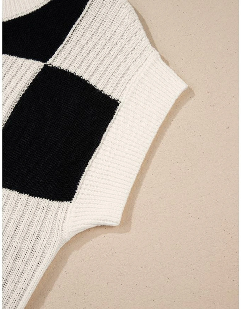 Black Checkered Color Block Crew Neck Short Sleeve Sweater