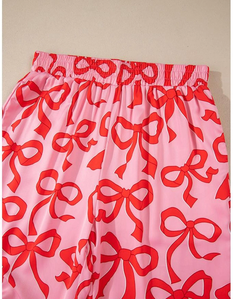 Pink 2pcs Bow Print Shirt Style Long Sleeve Pajama Set