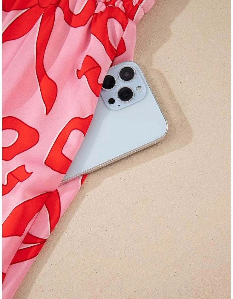 Pink 2pcs Bow Print Shirt Style Long Sleeve Pajama Set