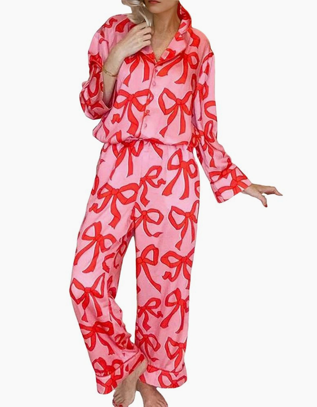 Pink 2pcs Bow Print Shirt Style Long Sleeve Pajama Set