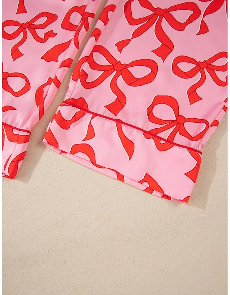 Pink 2pcs Bow Print Shirt Style Long Sleeve Pajama Set