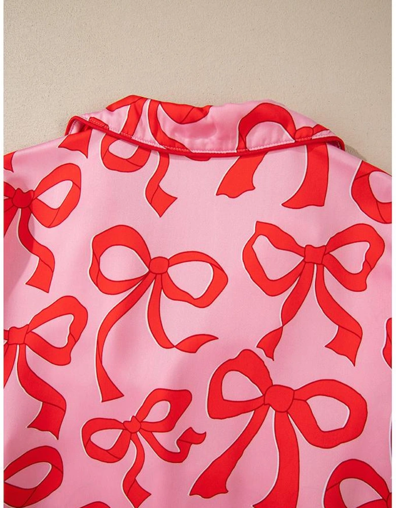 Pink 2pcs Bow Print Shirt Style Long Sleeve Pajama Set