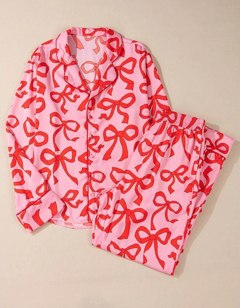 Pink 2pcs Bow Print Shirt Style Long Sleeve Pajama Set