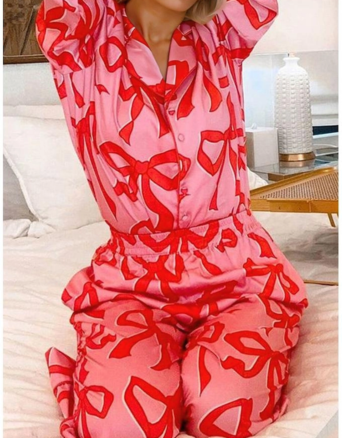 Pink 2pcs Bow Print Shirt Style Long Sleeve Pajama Set