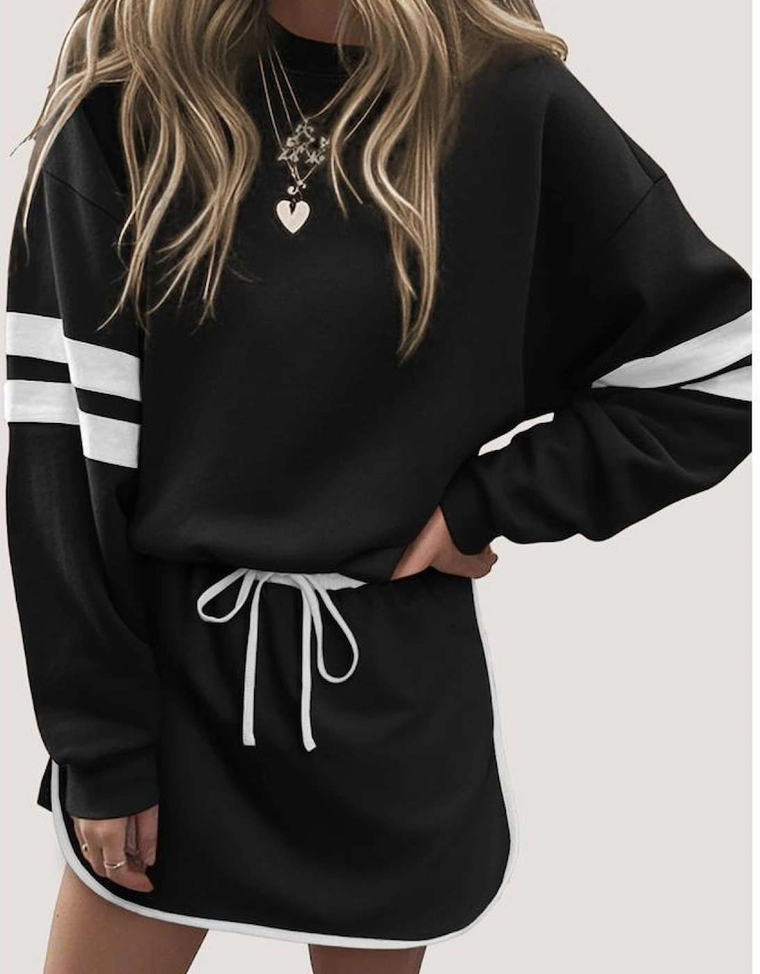 Black Varsity Stripe Detail Drop Shoulder Pullover Mini Skirt Set, 2 of 1