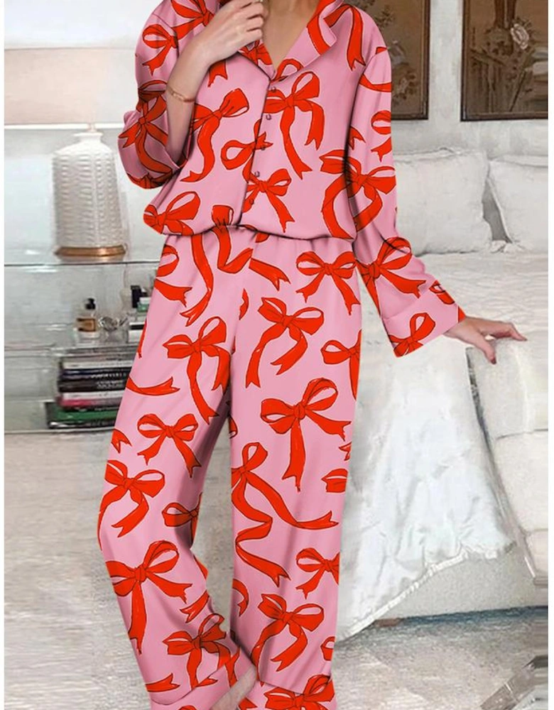 Pink 2pcs Bow Print Shirt Style Long Sleeve Pajama Set