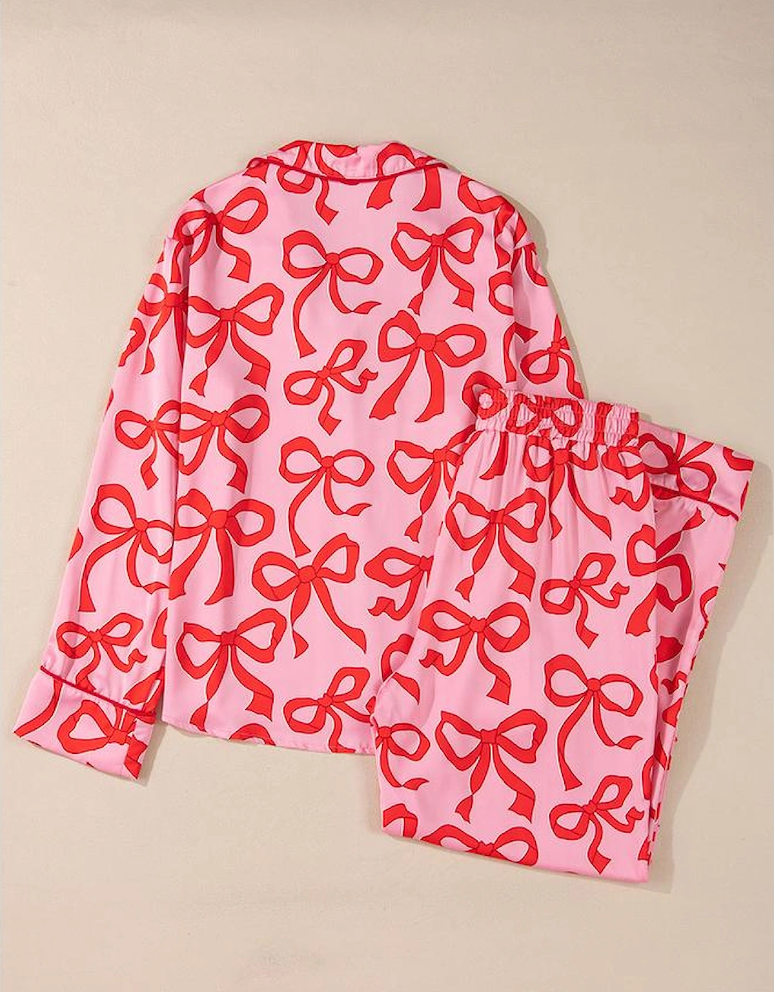 Pink 2pcs Bow Print Shirt Style Long Sleeve Pajama Set