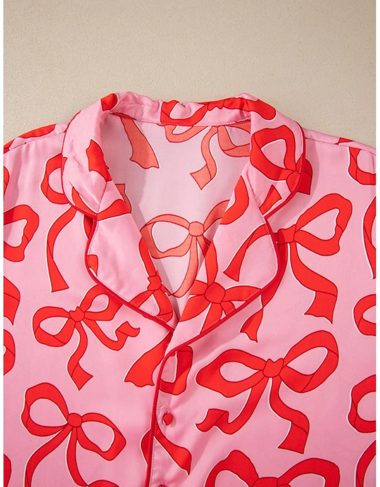 Pink 2pcs Bow Print Shirt Style Long Sleeve Pajama Set