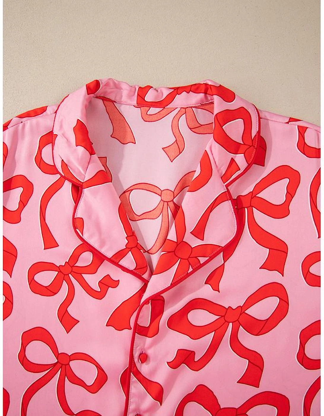 Pink 2pcs Bow Print Shirt Style Long Sleeve Pajama Set
