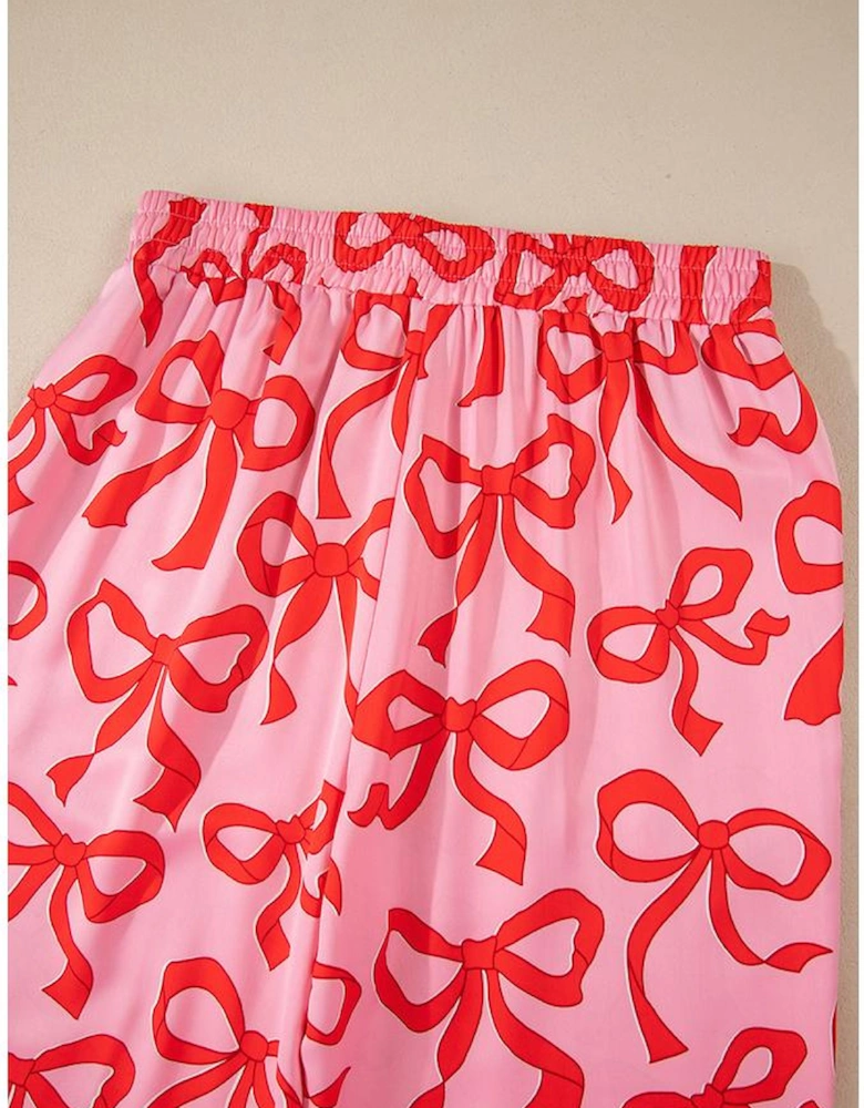 Pink 2pcs Bow Print Shirt Style Long Sleeve Pajama Set