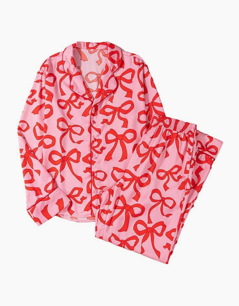 Pink 2pcs Bow Print Shirt Style Long Sleeve Pajama Set