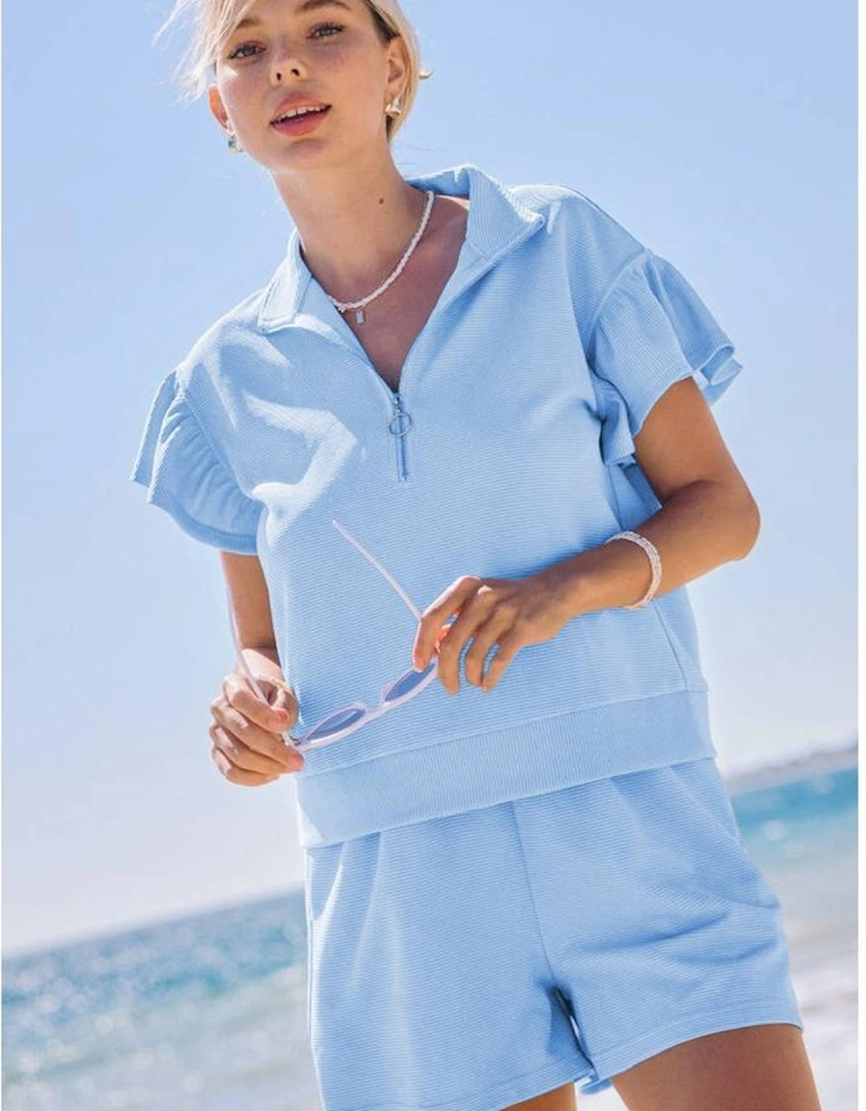 Beau Blue Ribbed Texture Half Zip Ruffled Short Sleeve Top and Shorts Set