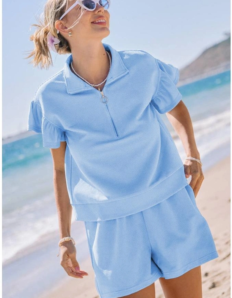 Beau Blue Ribbed Texture Half Zip Ruffled Short Sleeve Top and Shorts Set