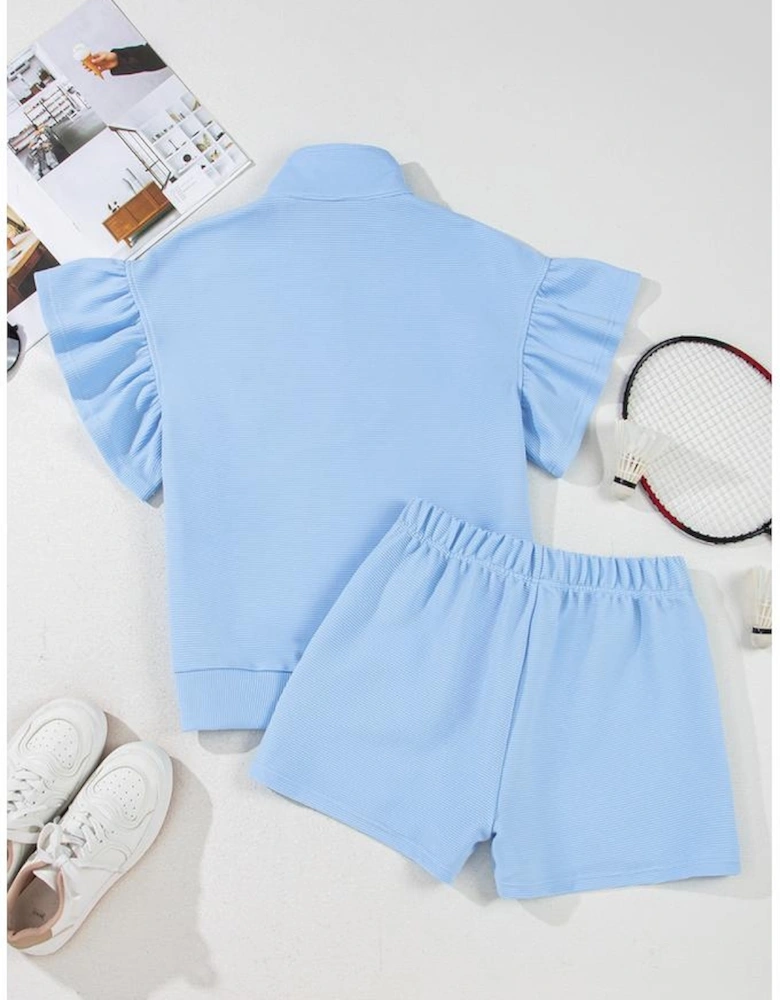 Beau Blue Ribbed Texture Half Zip Ruffled Short Sleeve Top and Shorts Set