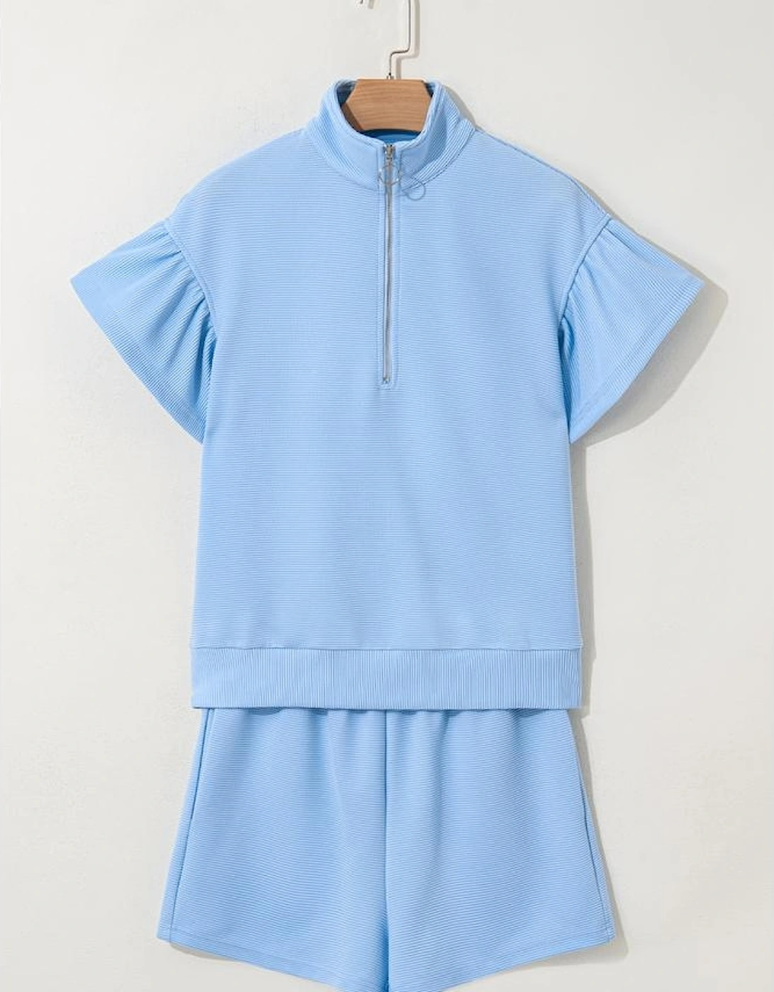 Beau Blue Ribbed Texture Half Zip Ruffled Short Sleeve Top and Shorts Set