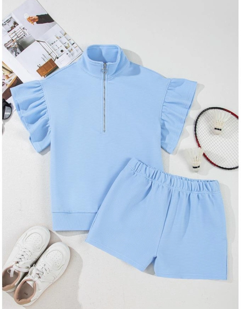 Beau Blue Ribbed Texture Half Zip Ruffled Short Sleeve Top and Shorts Set