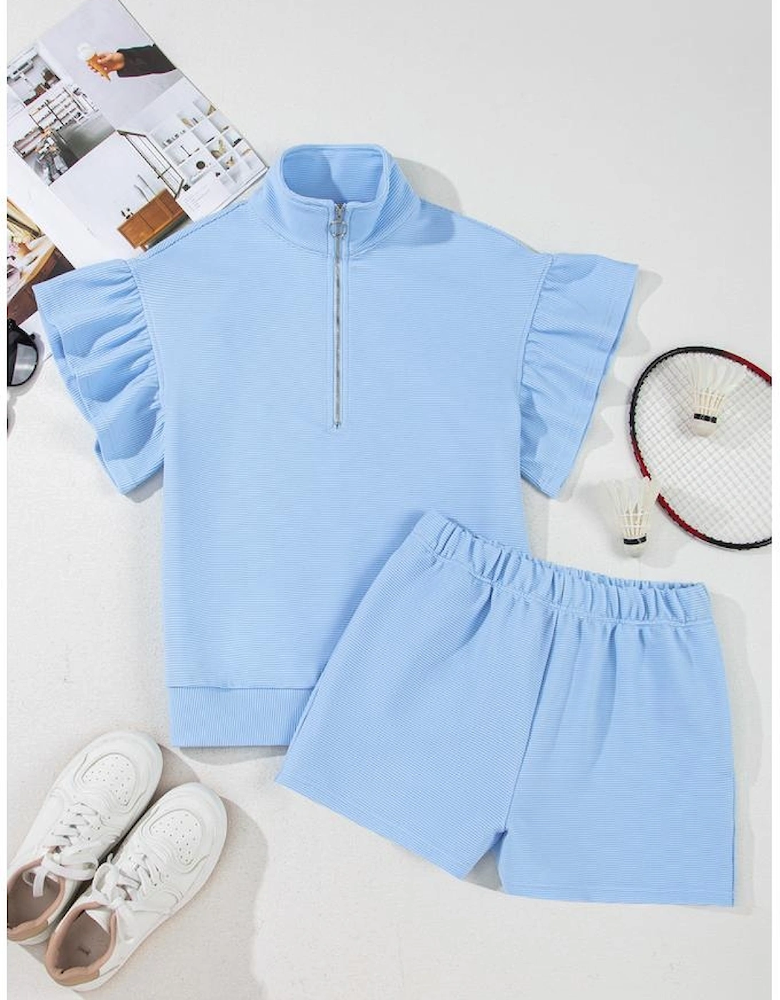 Beau Blue Ribbed Texture Half Zip Ruffled Short Sleeve Top and Shorts Set
